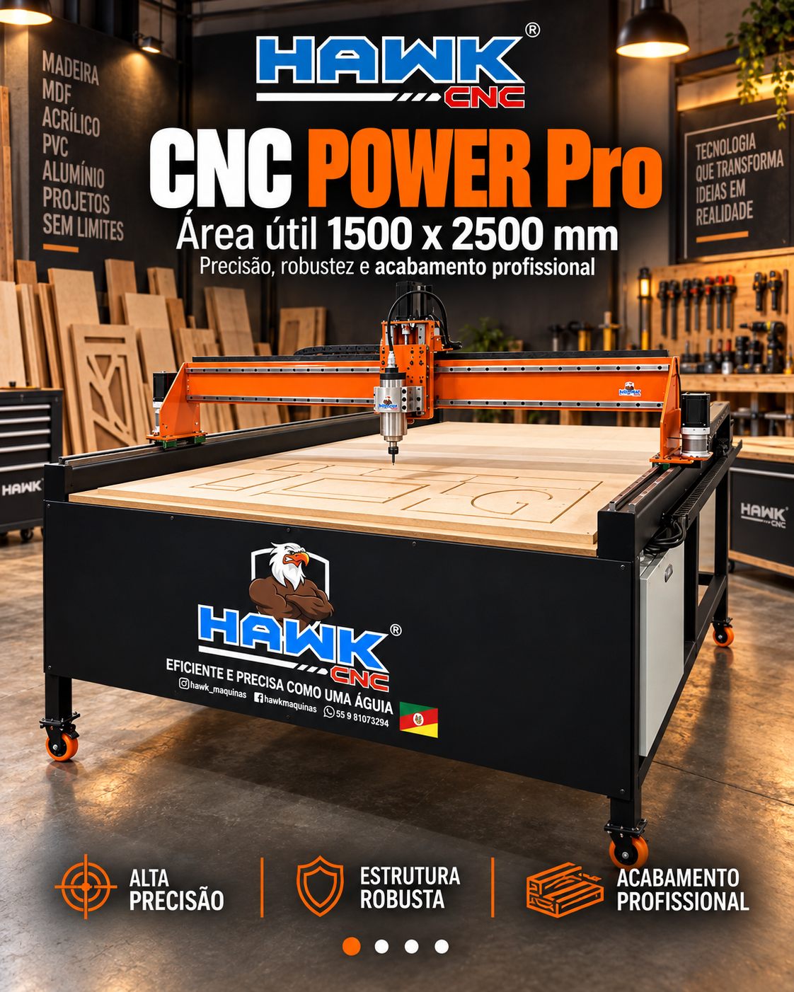 Router CNC Hawk 1500 x 2500 — router CNC com área útil de 1500 x 2500 x 150 mm
