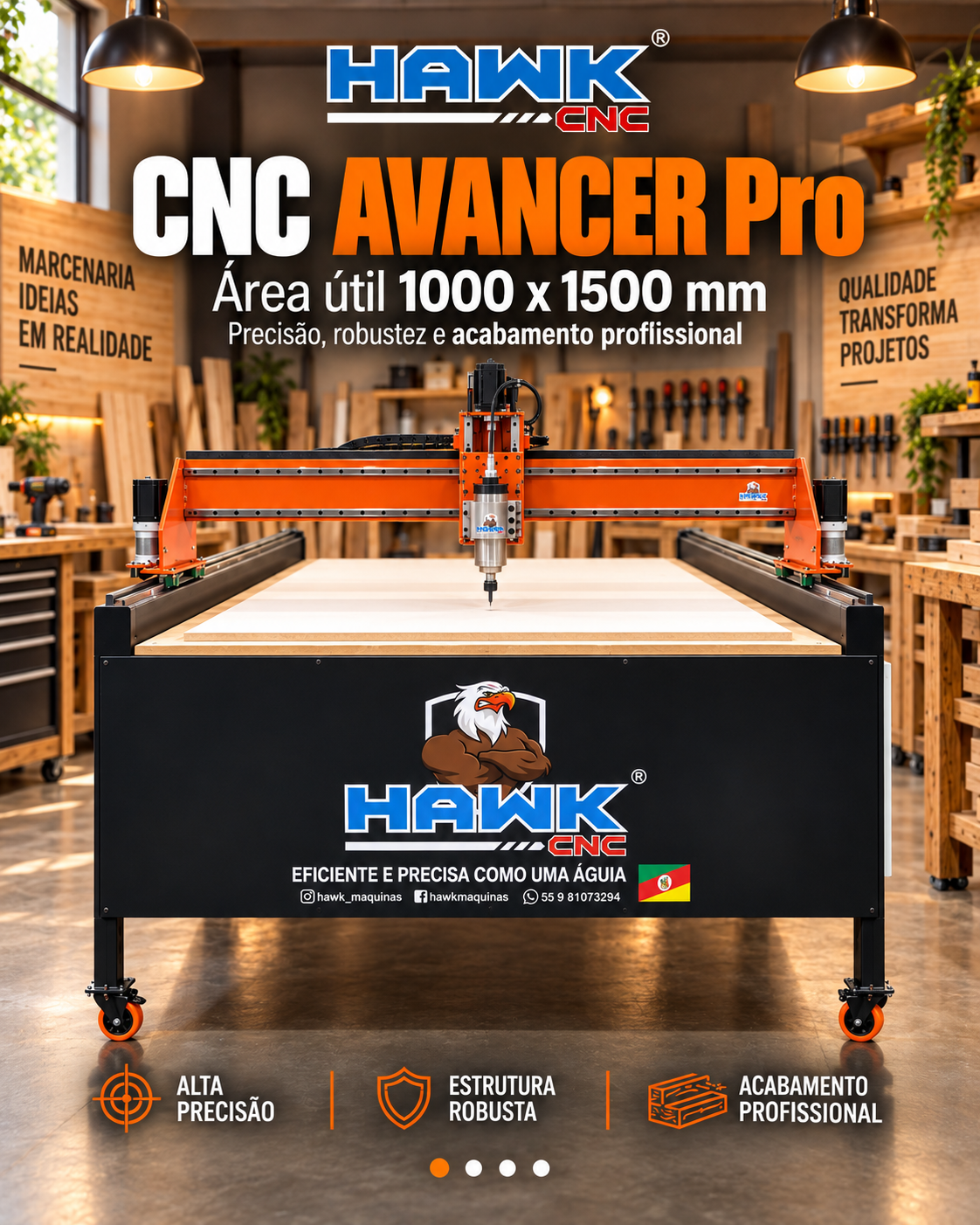 Router CNC Hawk 1000 x 1500 — router CNC com área útil de 1000 x 1500 x 150 mm